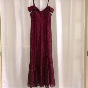 Burgundy mermaid prom dress w/ off shoulder detail